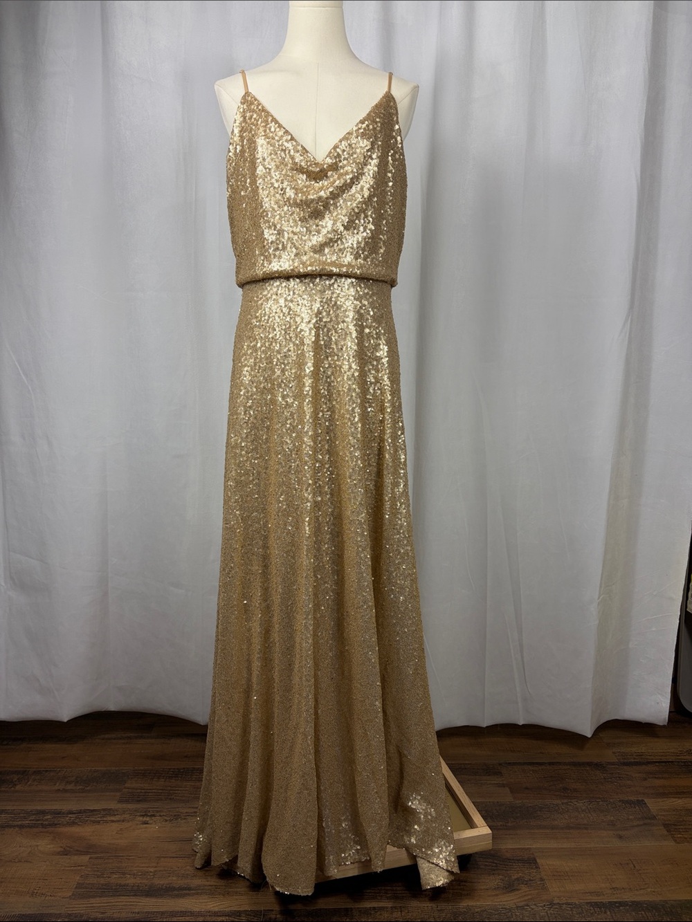 Revelry Hazel V Neck Back Drape Gown In Gold.